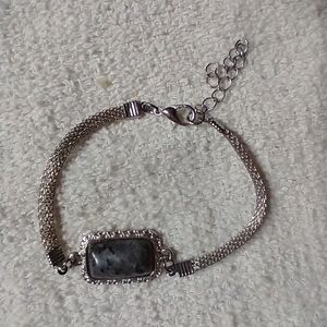 Silvertone mesh chain Grey stone bracelet